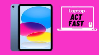 iPad 10 on a bright pink background with a "Laptop Act Fast" badge in the upper-right corner