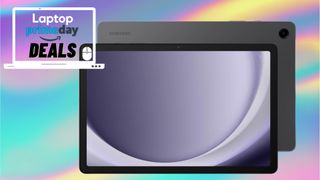 The Samsung Tab A9 Plus tablet in front of a rainbow abstract background with the Laptop Prime Day icon