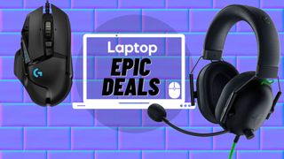 The Logitech G502 HERO gaming mouse and Razer BlackShark V2 headset in front of a purple abstract background with a Laptop Epic Deals icon